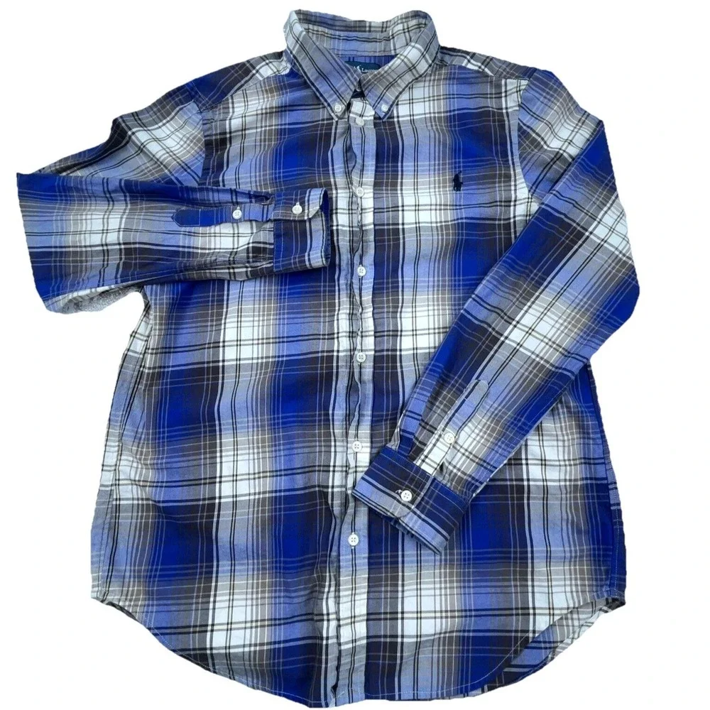 Ralph Lauren Shirt Boys XL Blue Button Up Tartan Plaid Dress Youth Kids Multi *